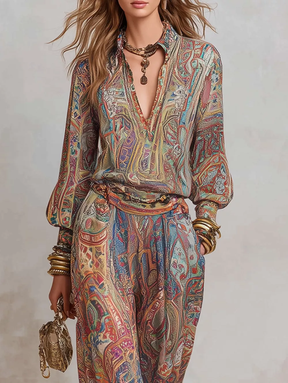Paisley Print Long Sleeve Top and Pants Set, image 4