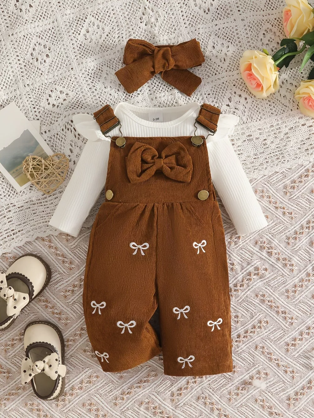 Children's Ribbed Bodysuit and Bow-Embroidered Overall Set with Headband, image 11