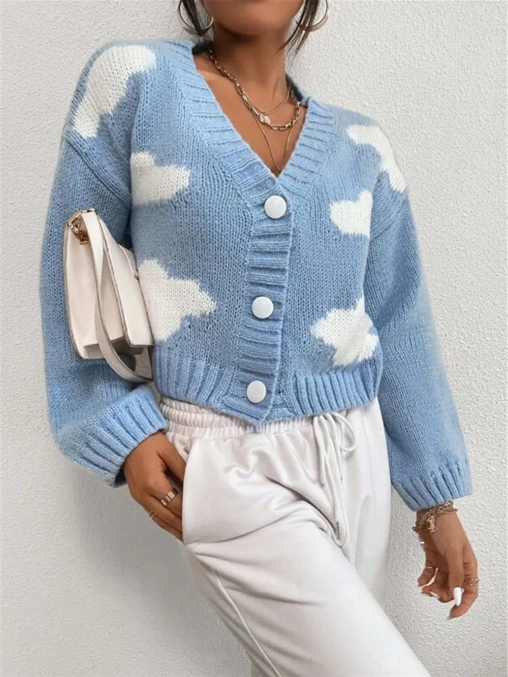 Contrast Cloud Pattern Cropped Button-Up Cardigan, image 12
