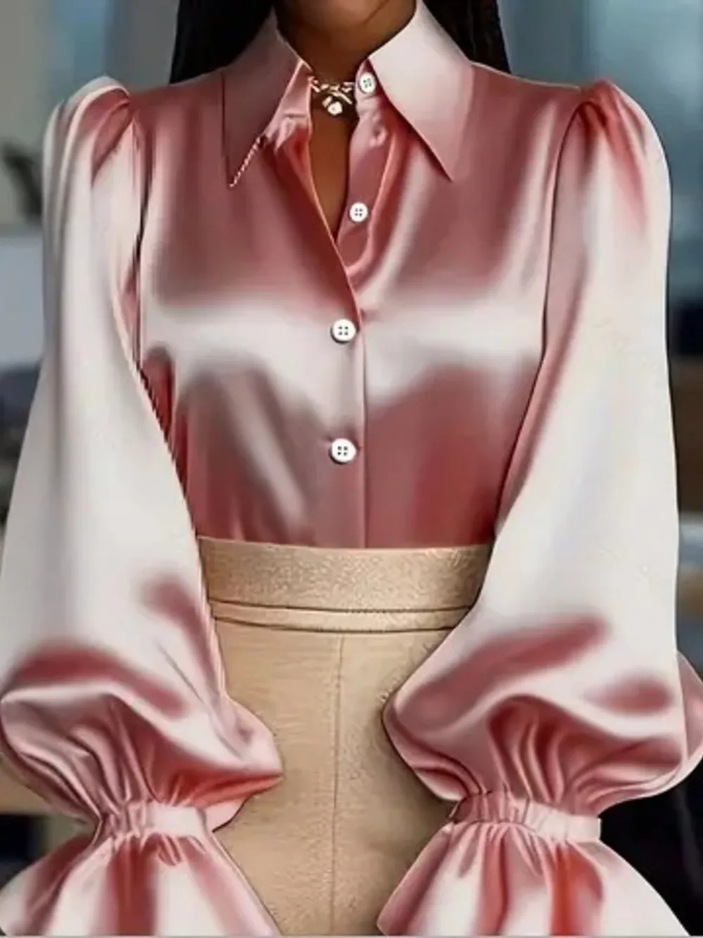 Satin Button Up Flounce Sleeve Shirt, image 9