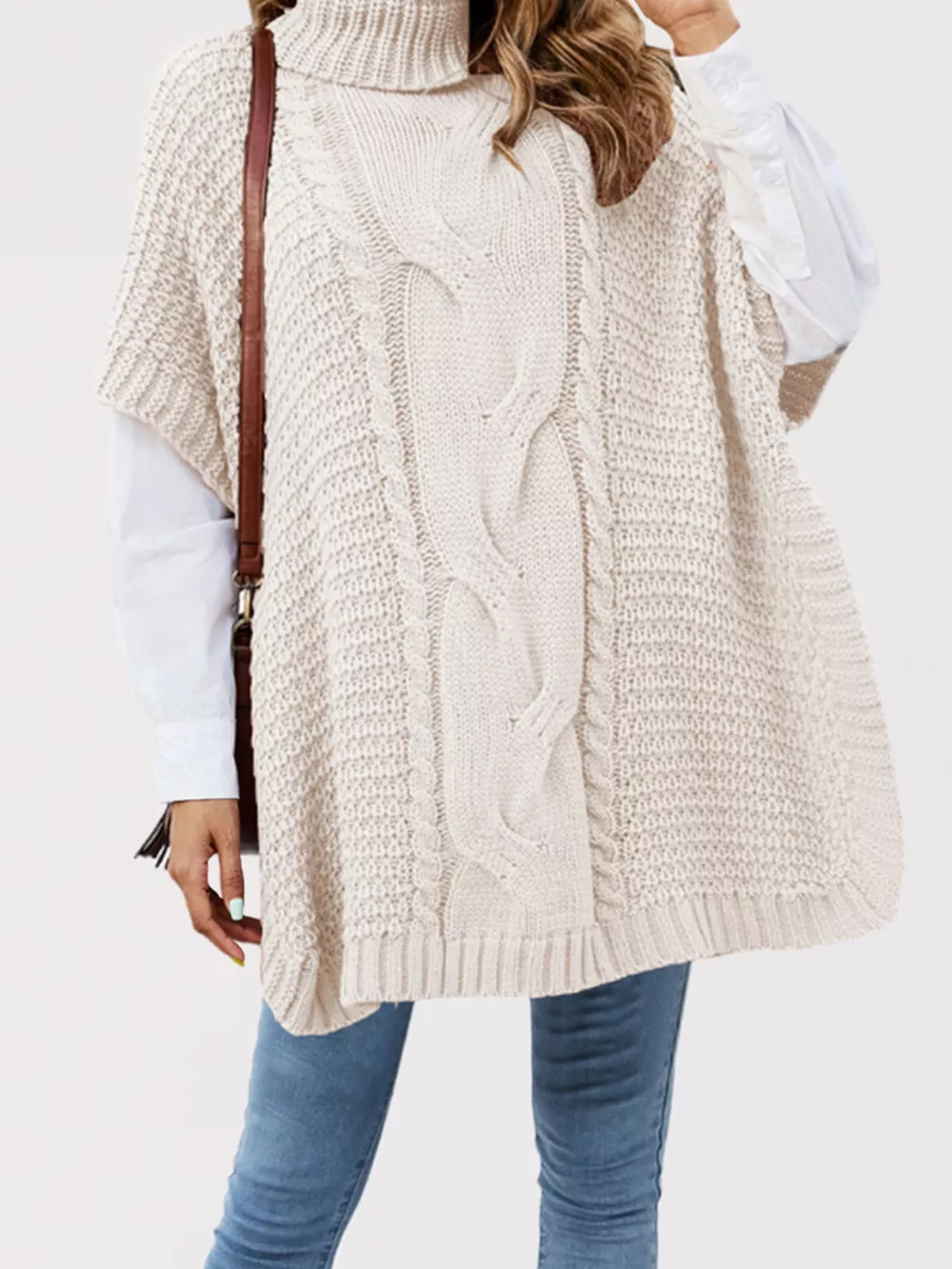 Turtleneck Cable-Knit Short Sleeve Oversized Sweater, image 5