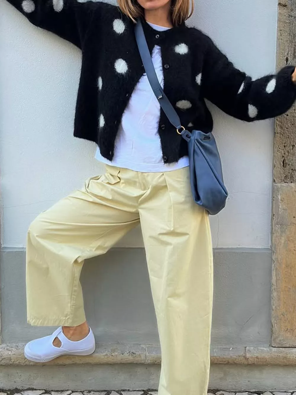 Polka Dot Fuzzy Knit Button-Up Cardigan, image 3