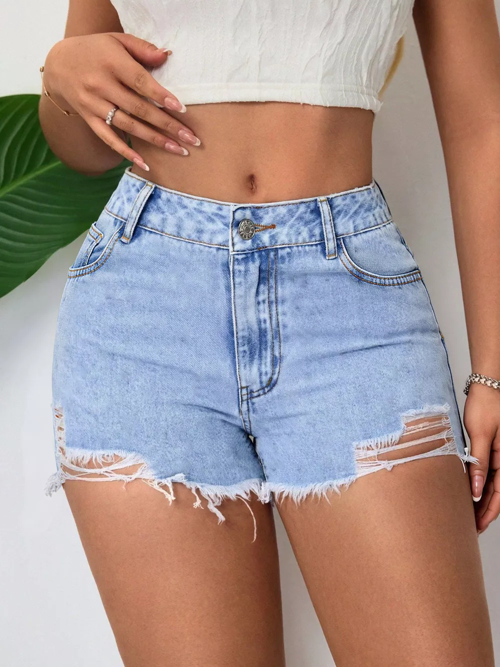 Distressed Raw Hem Denim Shorts, image 2