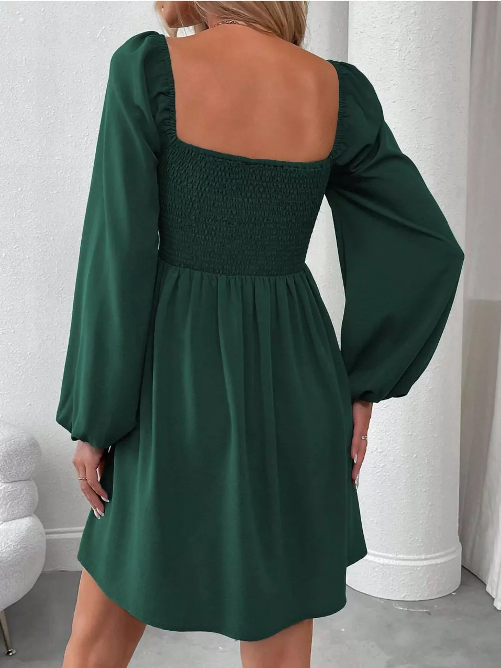 Ruched Square Neck Long Sleeve A-Line Dress, image 20