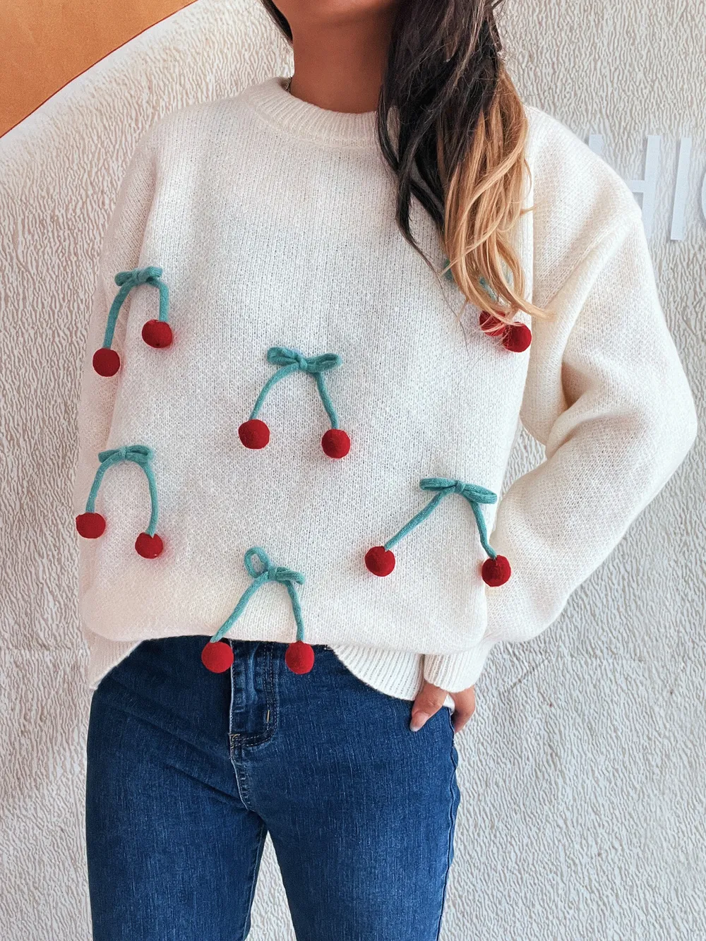 Cherry Round Neck Long Sleeve Sweater, image 3