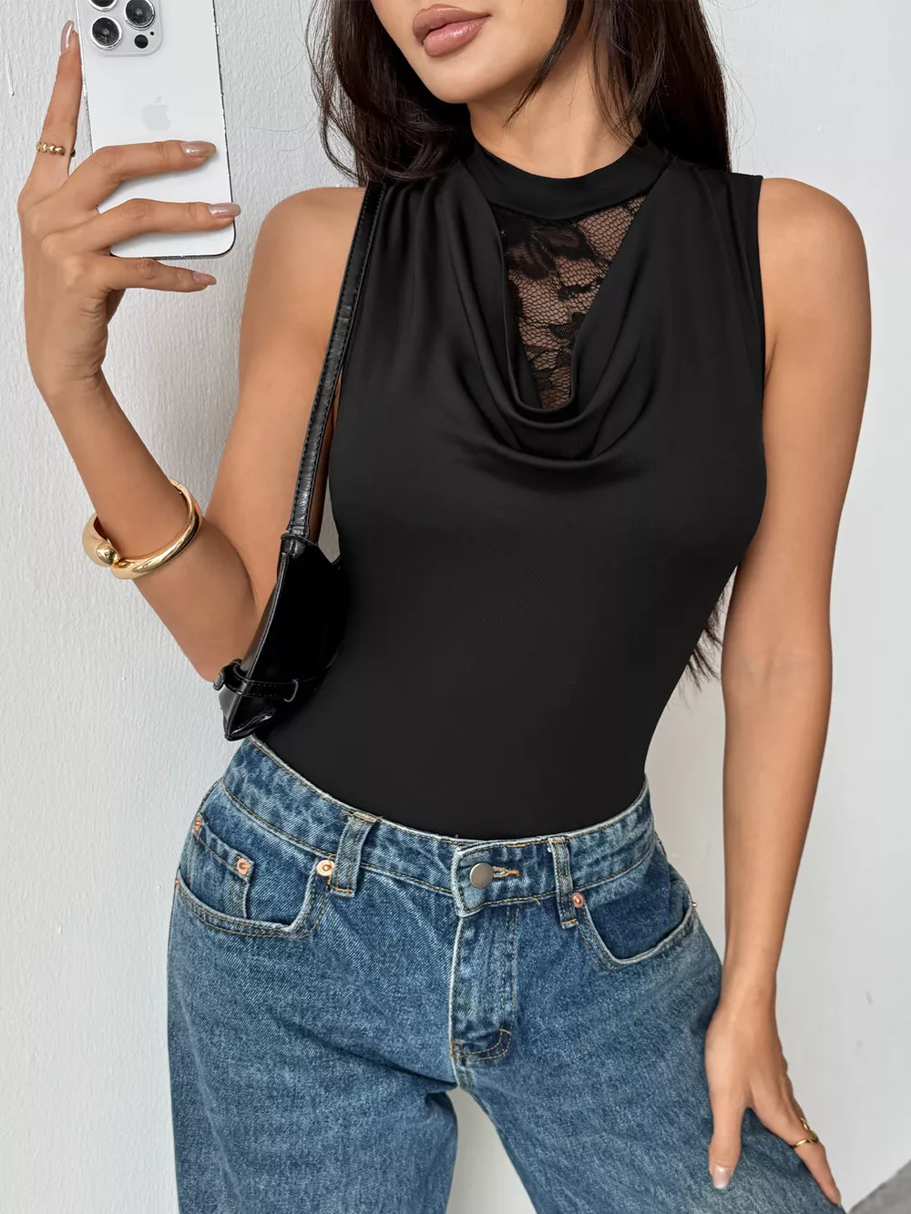Lace Panel Cowl Neck Sleeveless Bodysuit, image 9