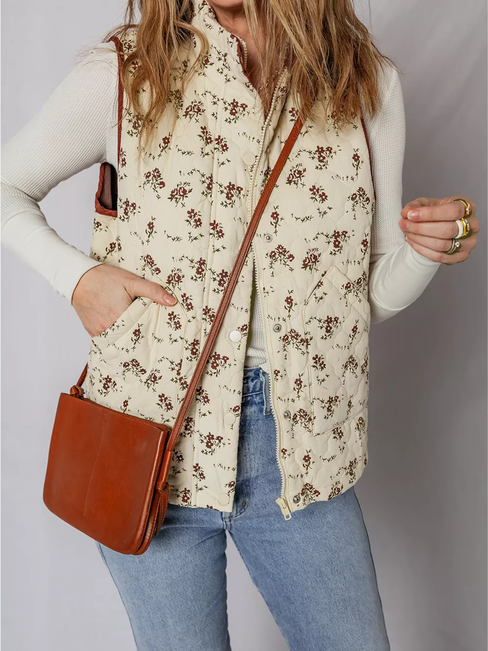 Floral Print Zip Up Quilted Vest, image 6