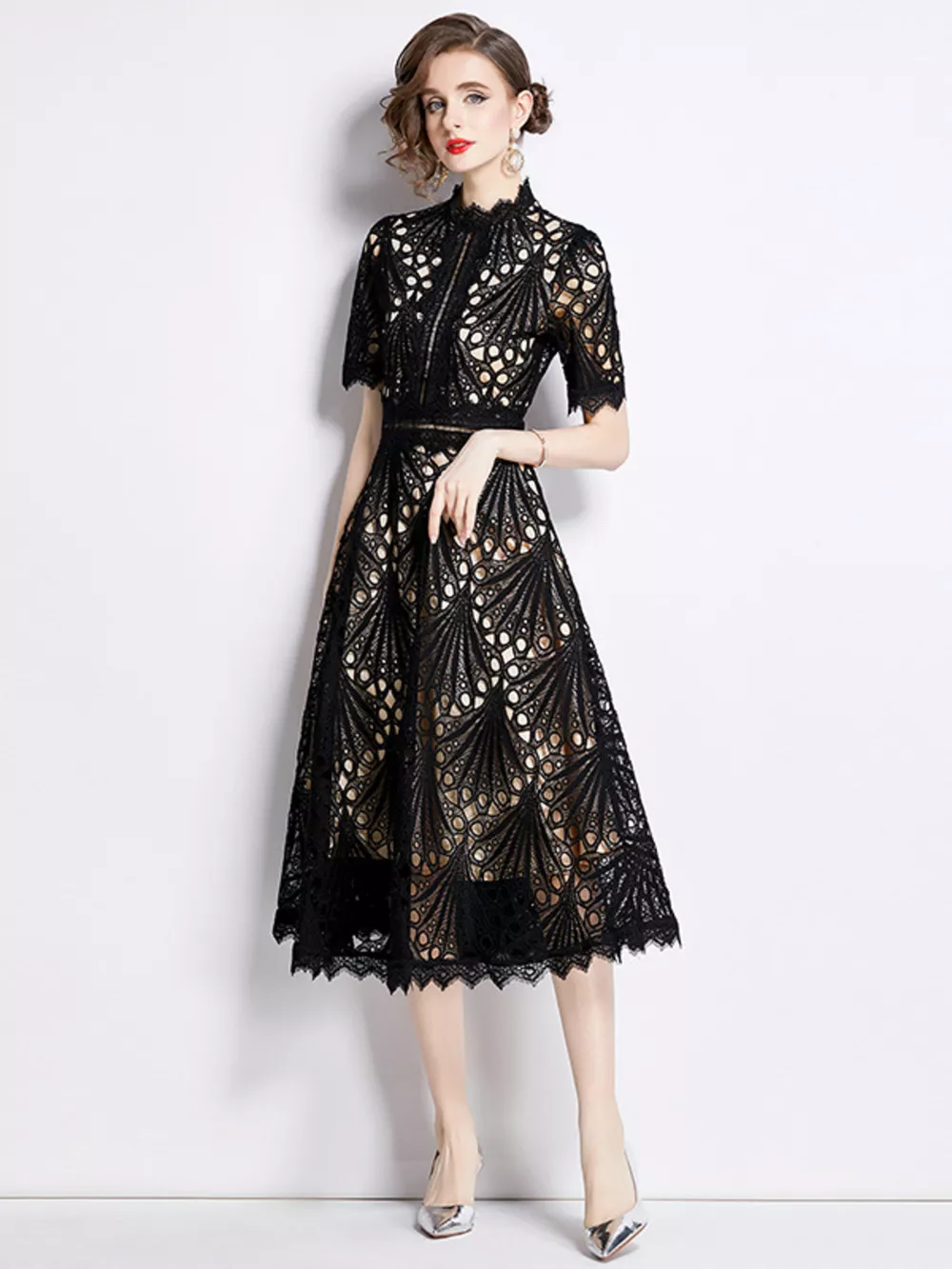 Full Size Lace Short Sleeve Midi Dress Plus Size, image 6