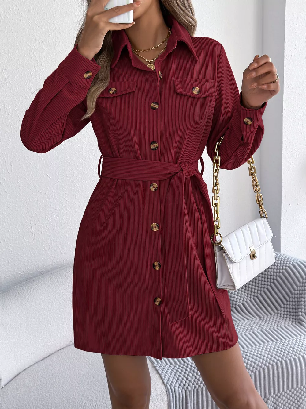 Corduroy Button-Down Shirt Dress, image 12