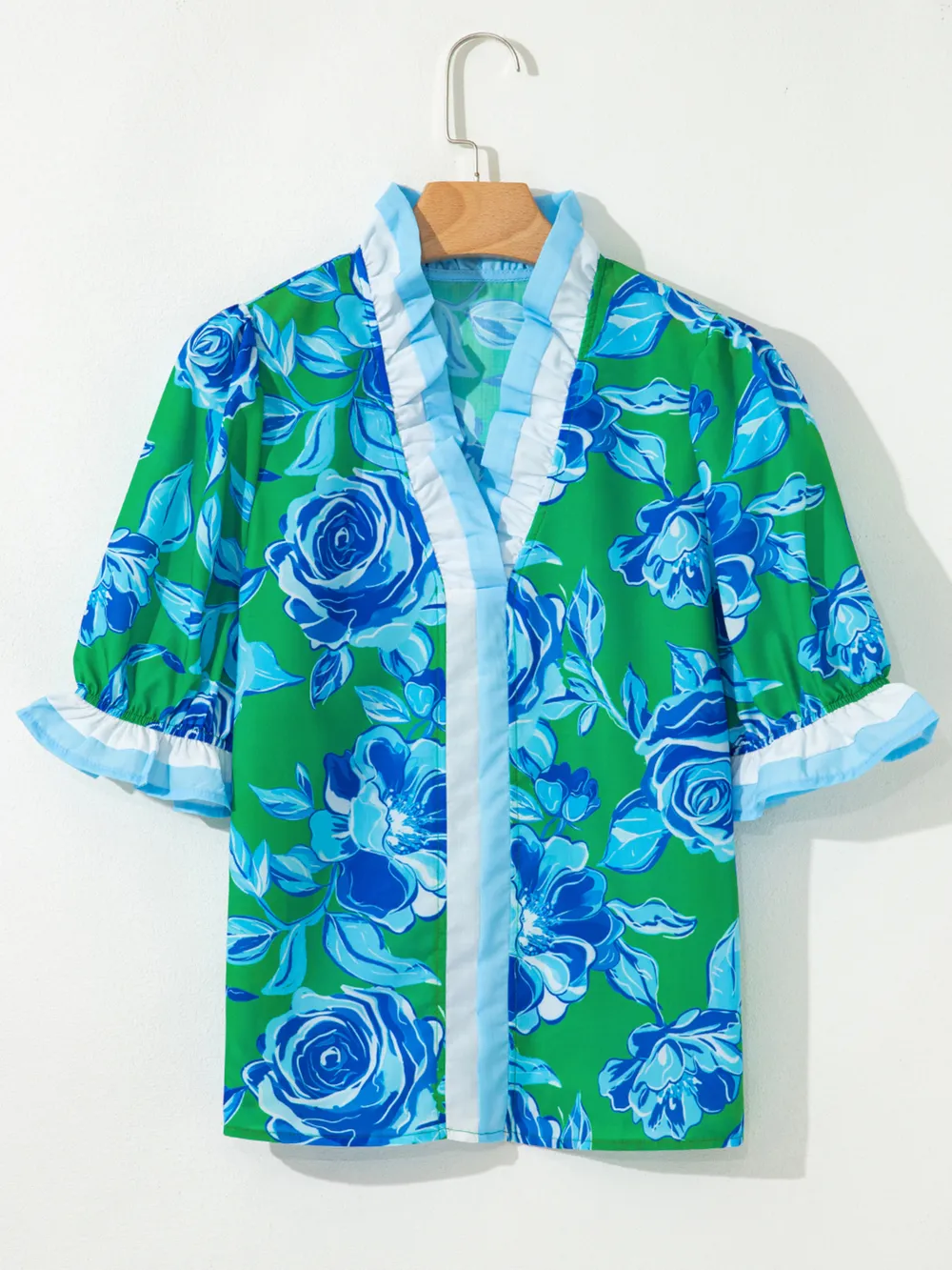 Floral Frilled V Neck Short Sleeve Blouse, image 14