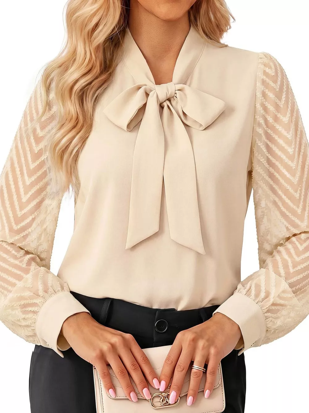 Bow-Tie Blouse with Sheer Chevron Long Sleeves, image 7