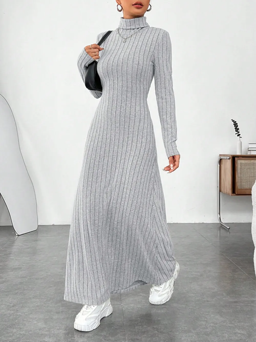 Ribbed Turtleneck Long Sleeve Maxi Knit Dress, image 6