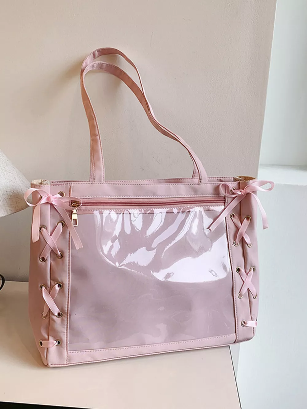 Lace-Up Trim Clear Panel Shoulder Bag, image 8