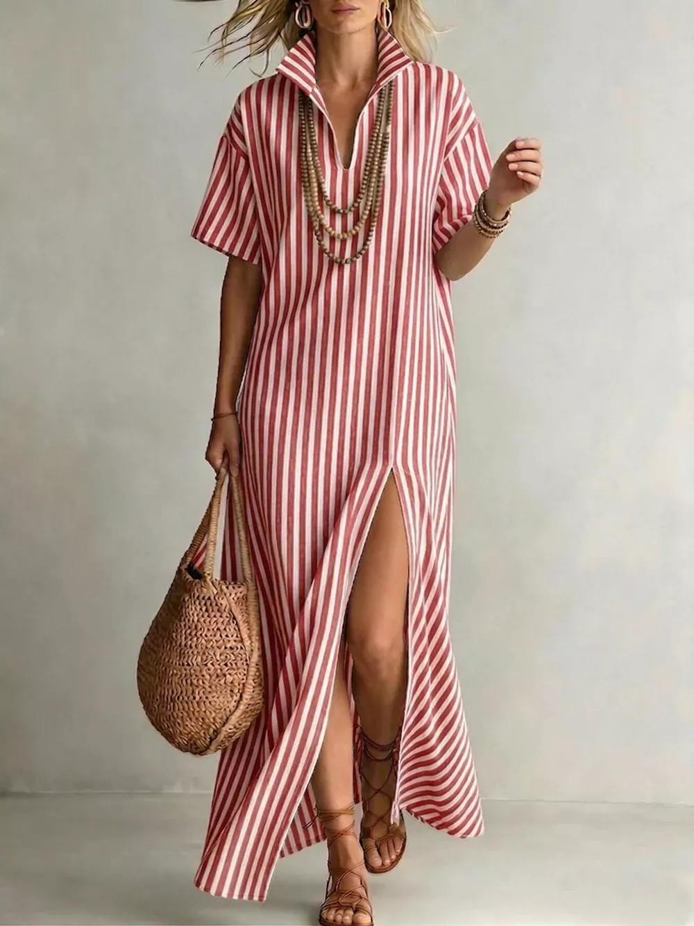 Striped High Slit Maxi Shirt Dress, image 4