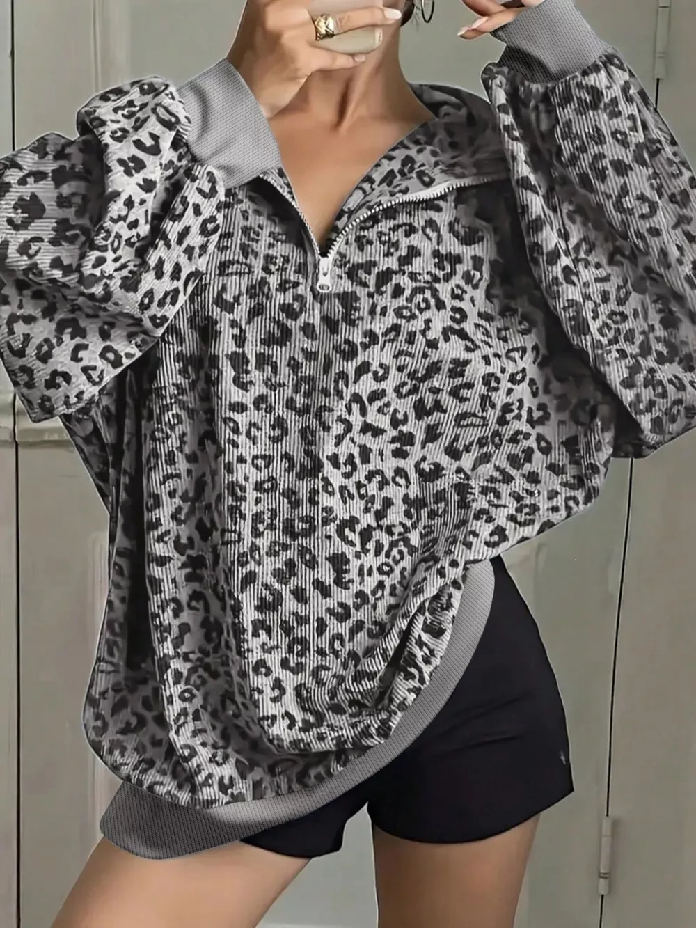 Leopard Print Quarter-Zip Sweatshirt, image 2