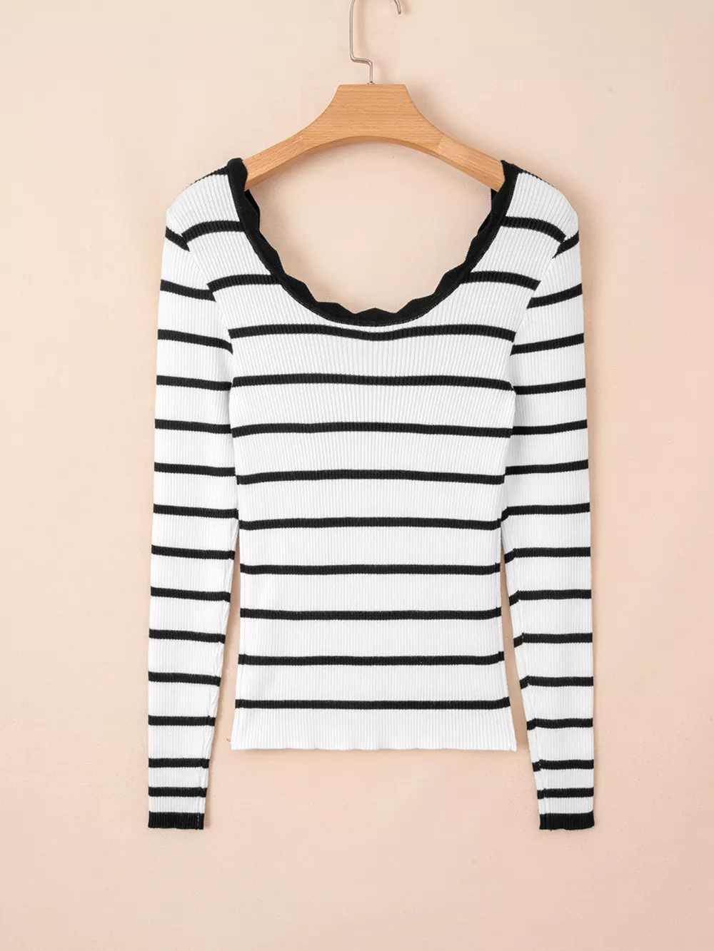 Scalloped Trim U Neck Striped Ribbed Slim Knit Top, image 6
