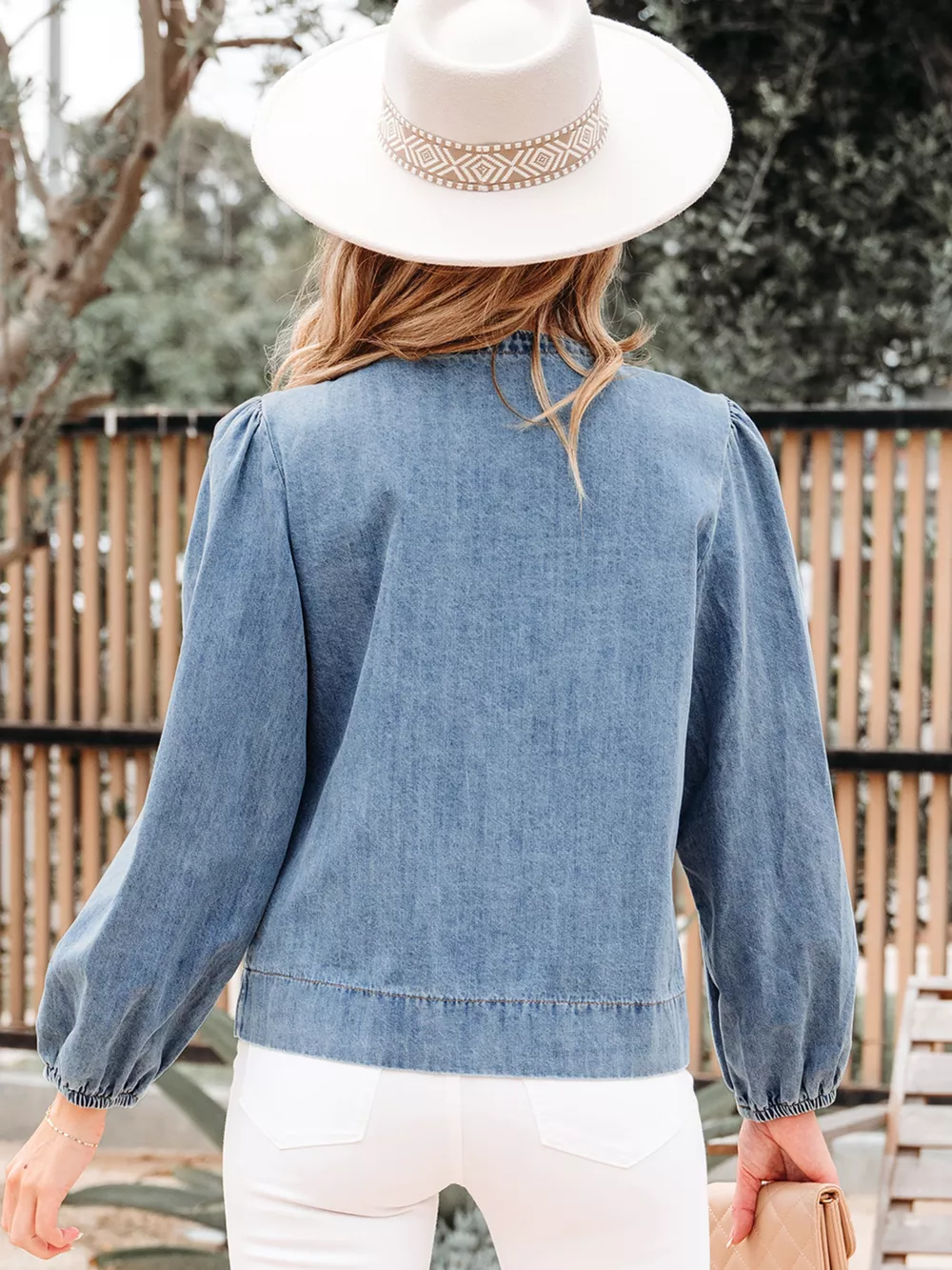Tied Front Puff Sleeve Denim Top, image 10