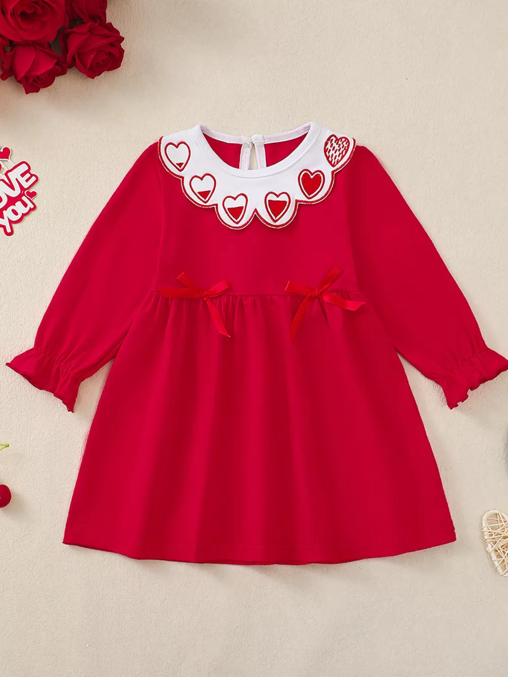 Children's Heart Embroidered Peter Pan Collar Long Sleeve Dress