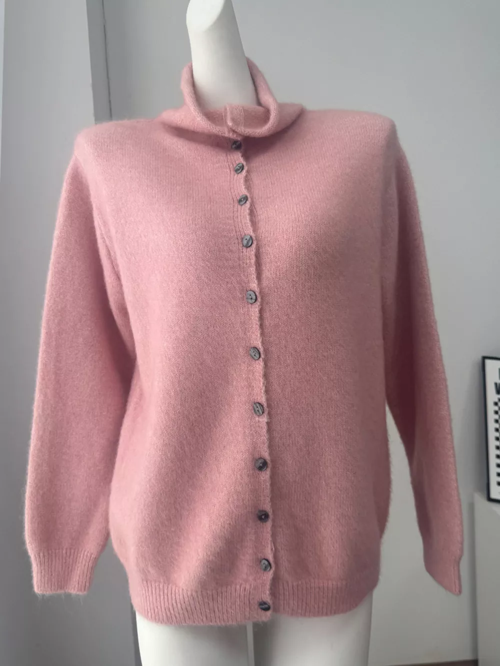Mock Neck Button-Down Fuzzy Knit Cardigan, image 8
