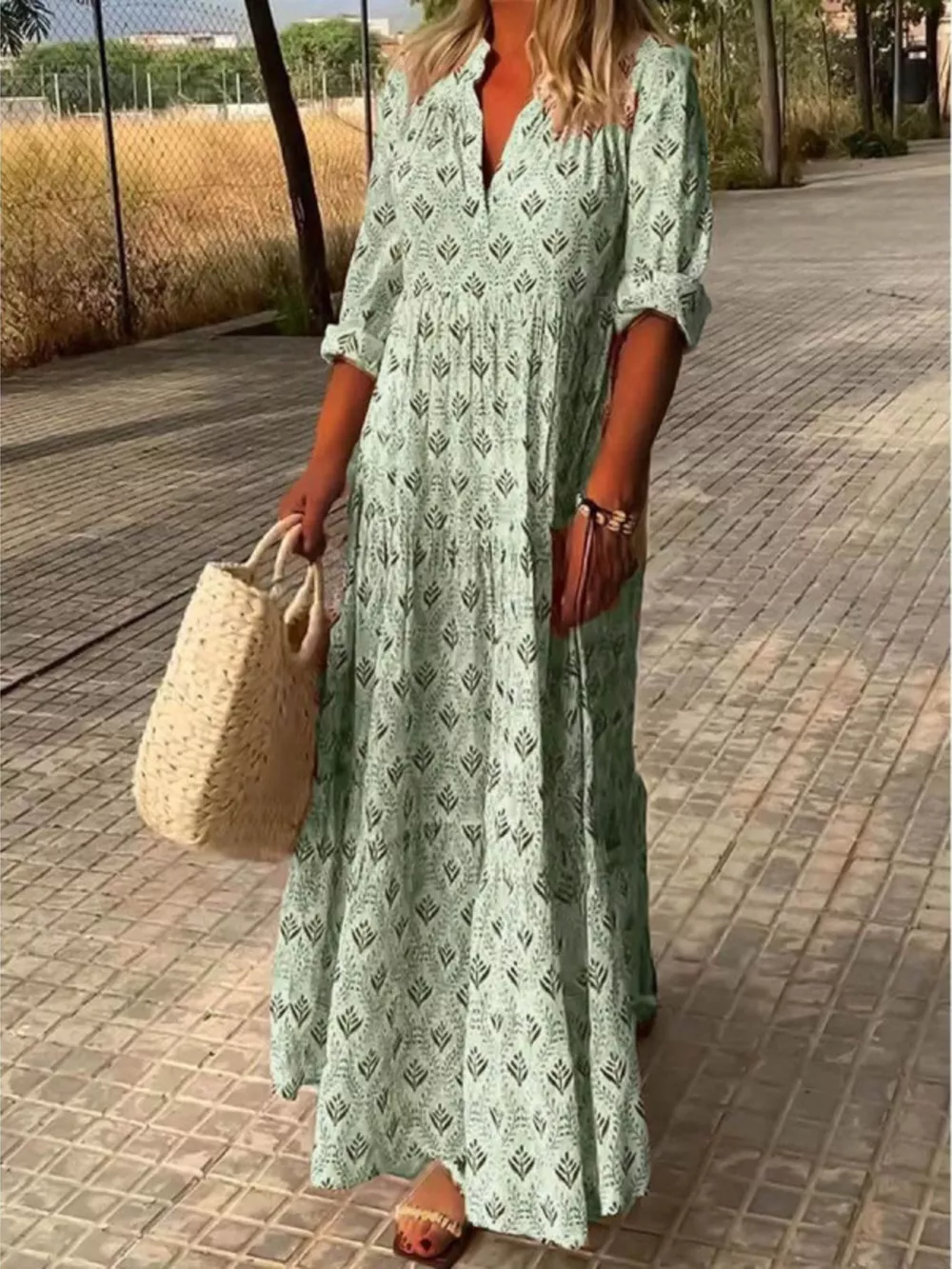 Full Size Printed Notched Tiered Maxi Dress Plus Size, image 5
