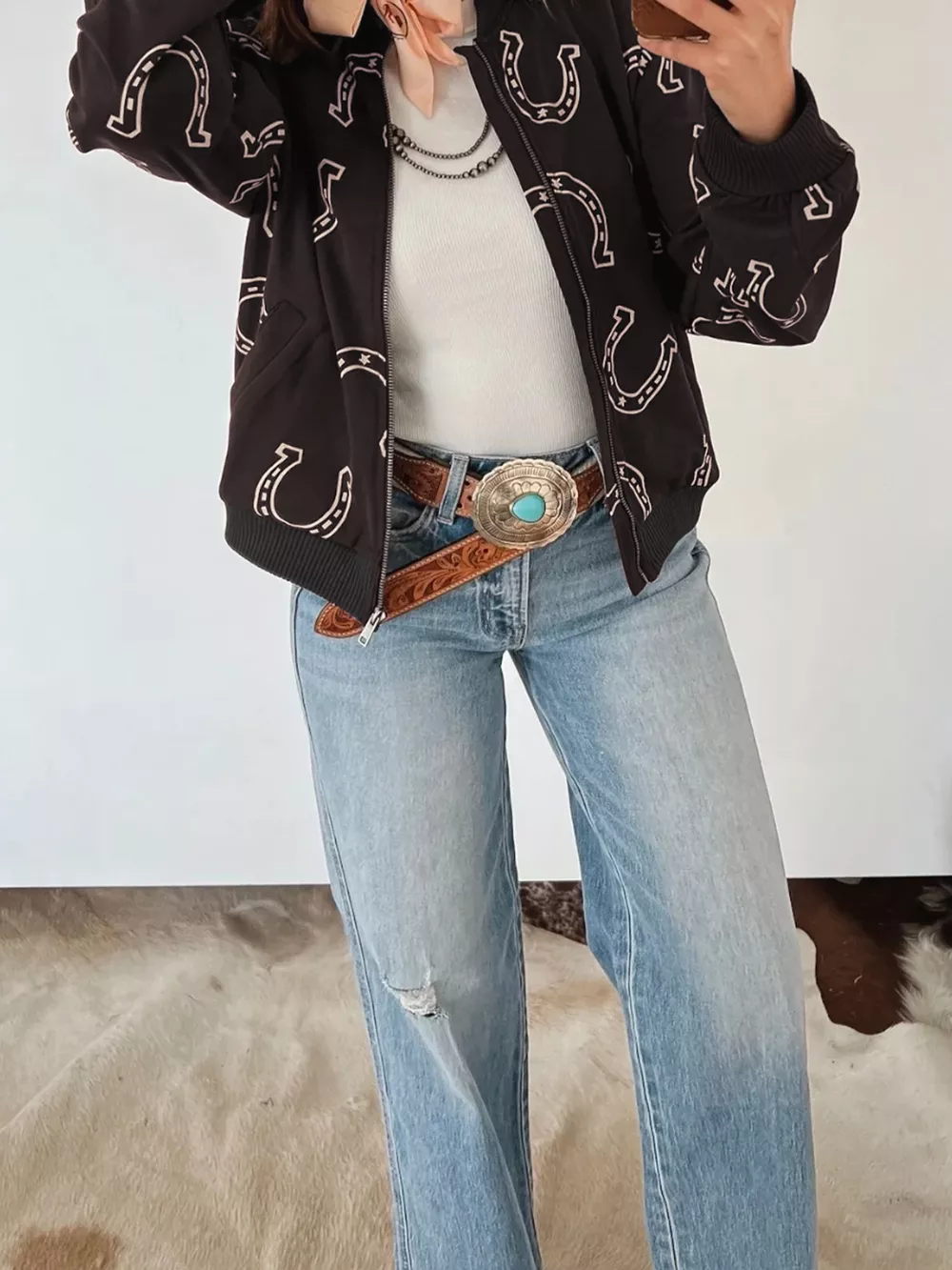 Horseshoe Print Zip-Up Bomber Jacket, image 2