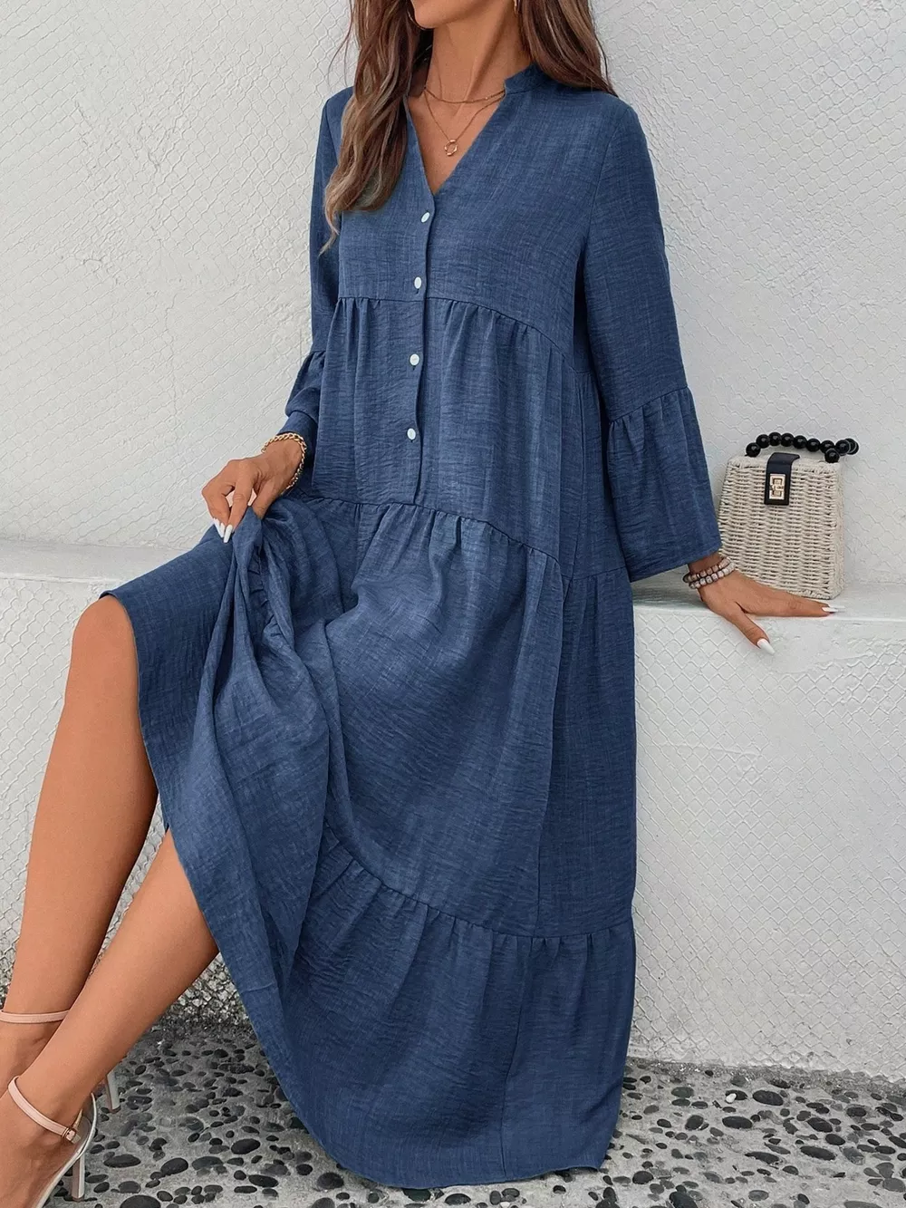 Ruffle Hem Button Front Tiered Dress, image 15