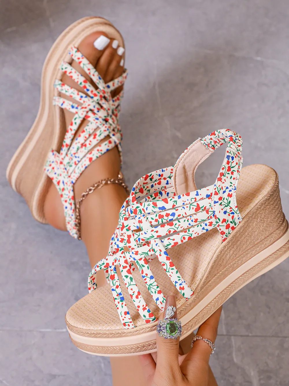 Open Toe Floral Print Strappy Platform Wedge Sandals, image 10