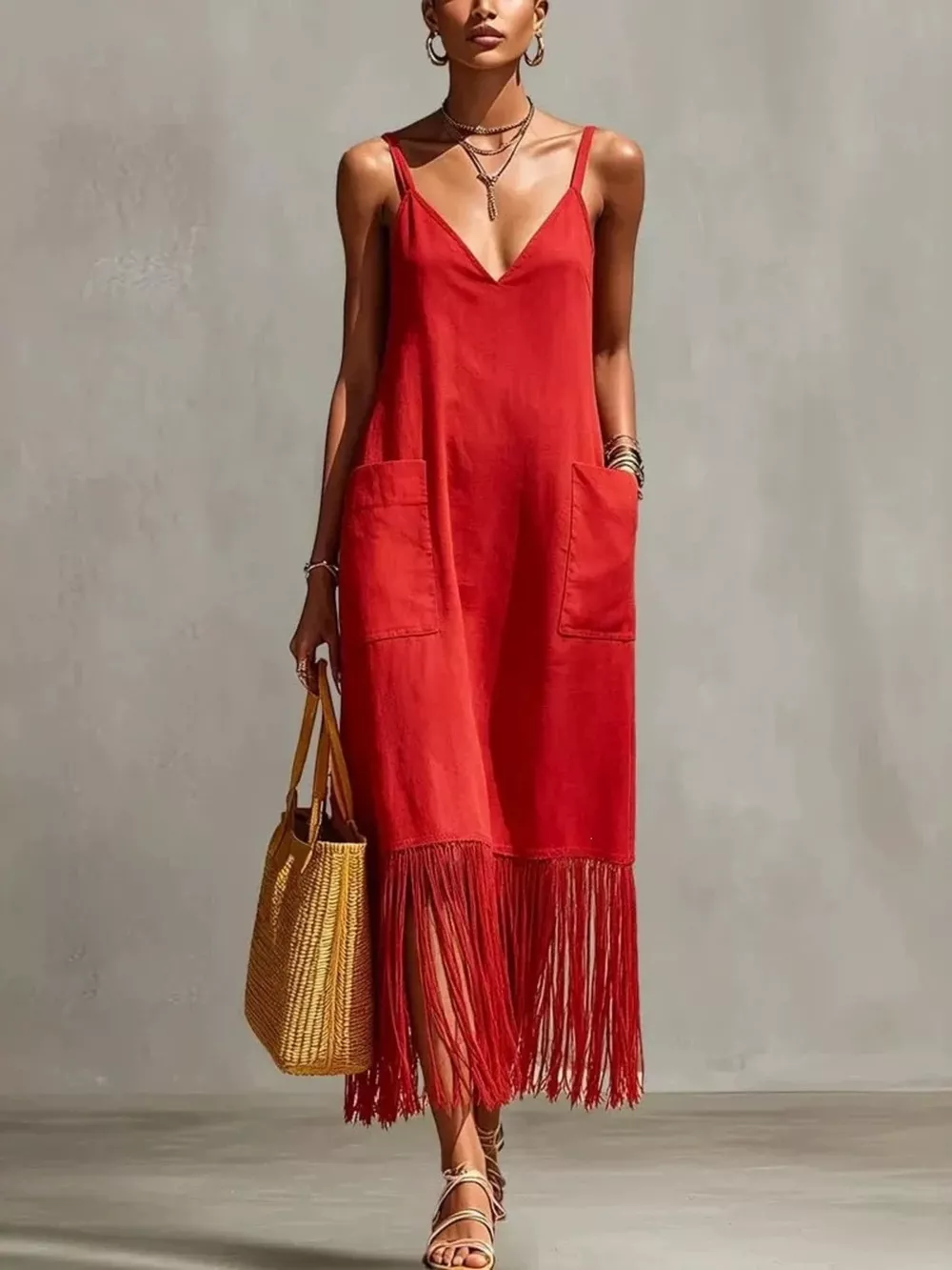Full Size Fringe V-Neck Spaghetti Strap Dress Plus Size, image 5