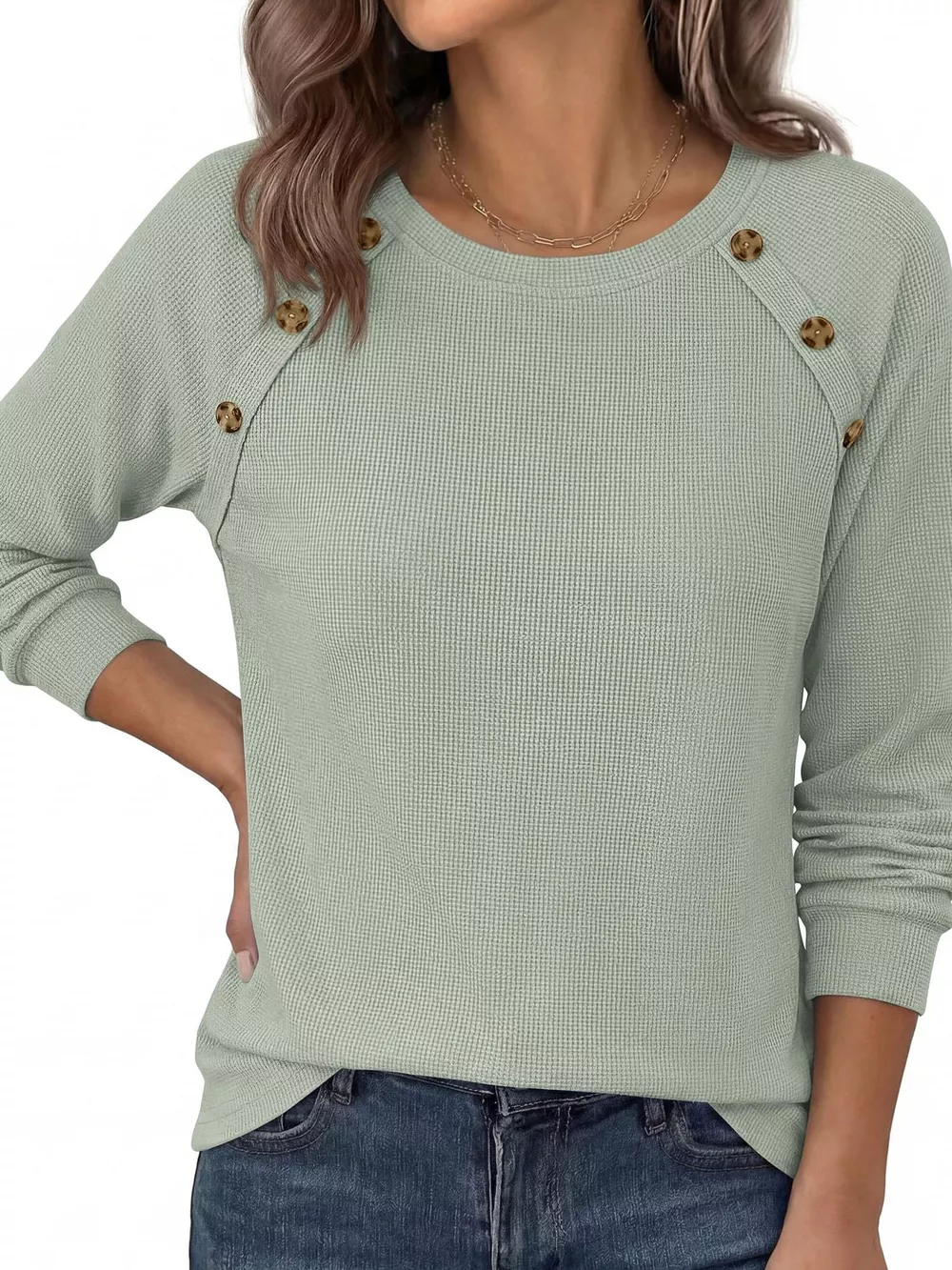 Decorative Button Waffle Knit Long Sleeve T-Shirt, image 9
