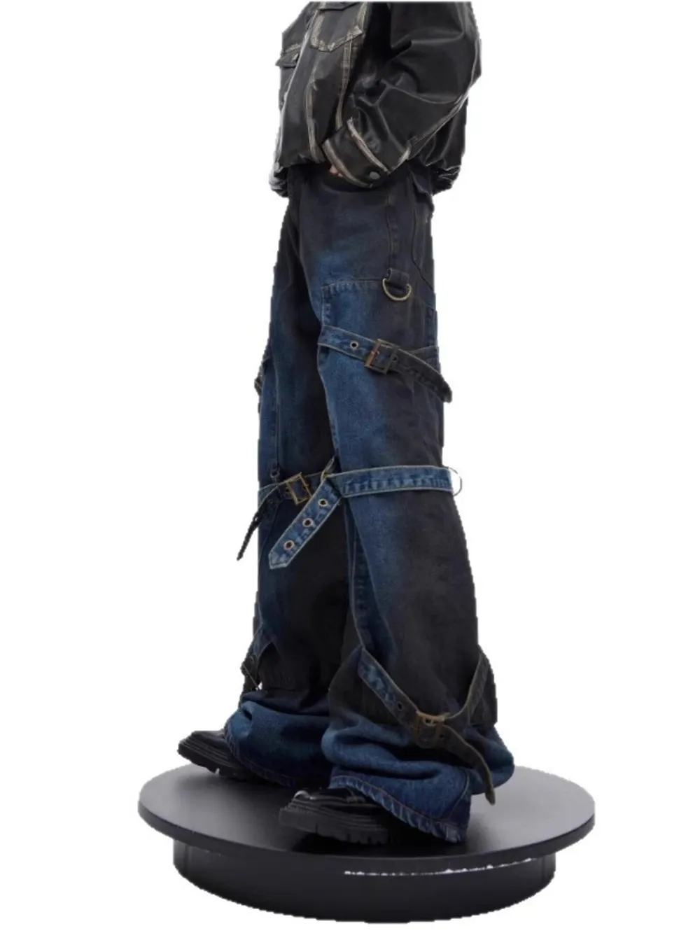 Men's Plus Size Buckle Strap Washed Flare Jeans, image 4