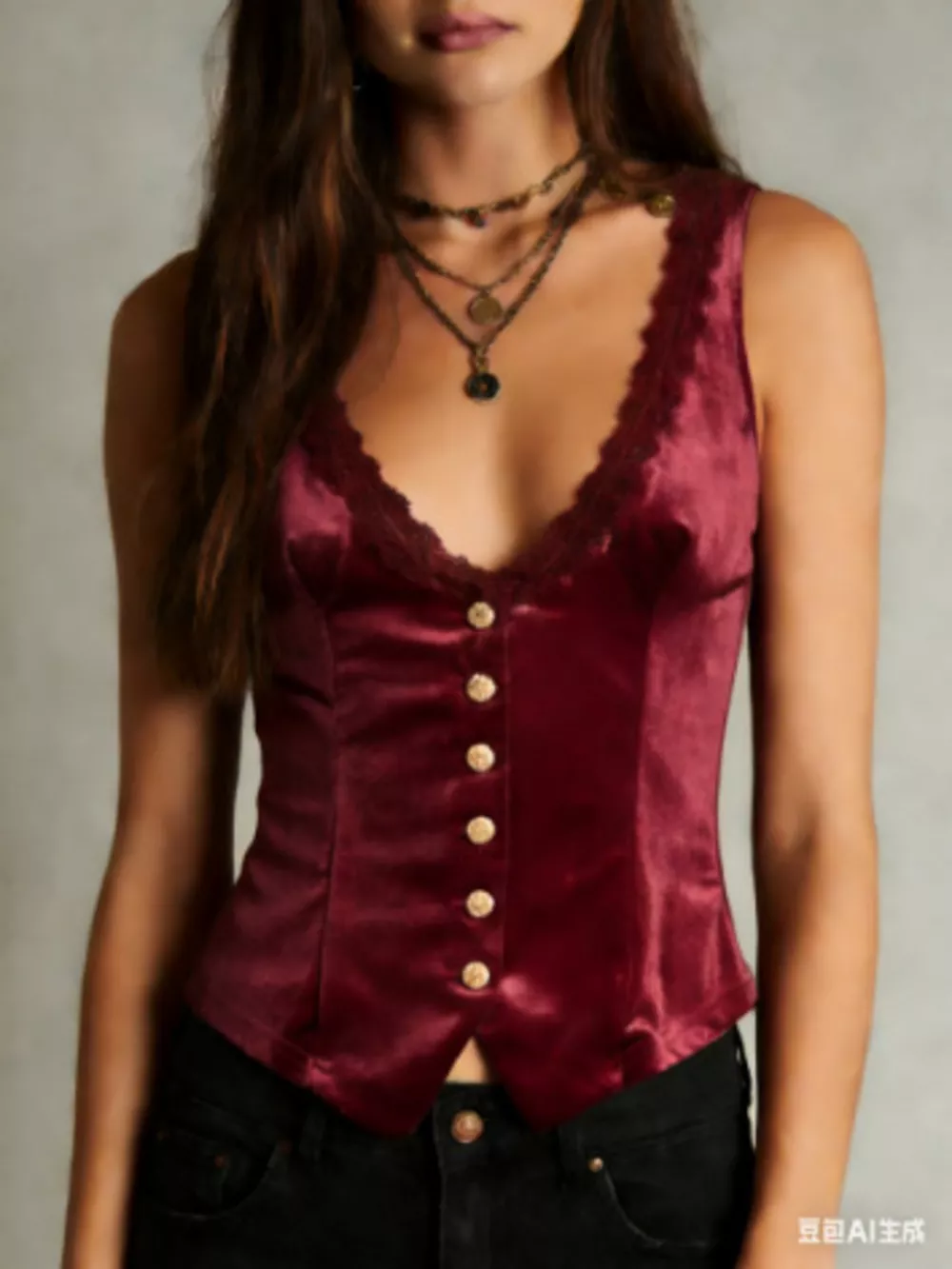 Velvet Lace Trim Button-Down Vest, image 12