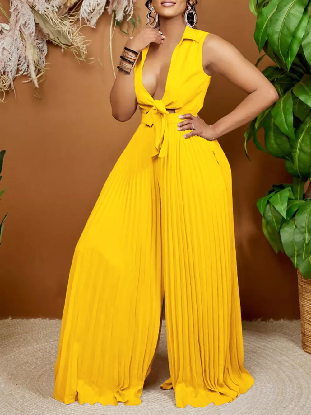 Full Size Tie Front Pleated Wide Leg Jumpsuit Plus Size, image 2