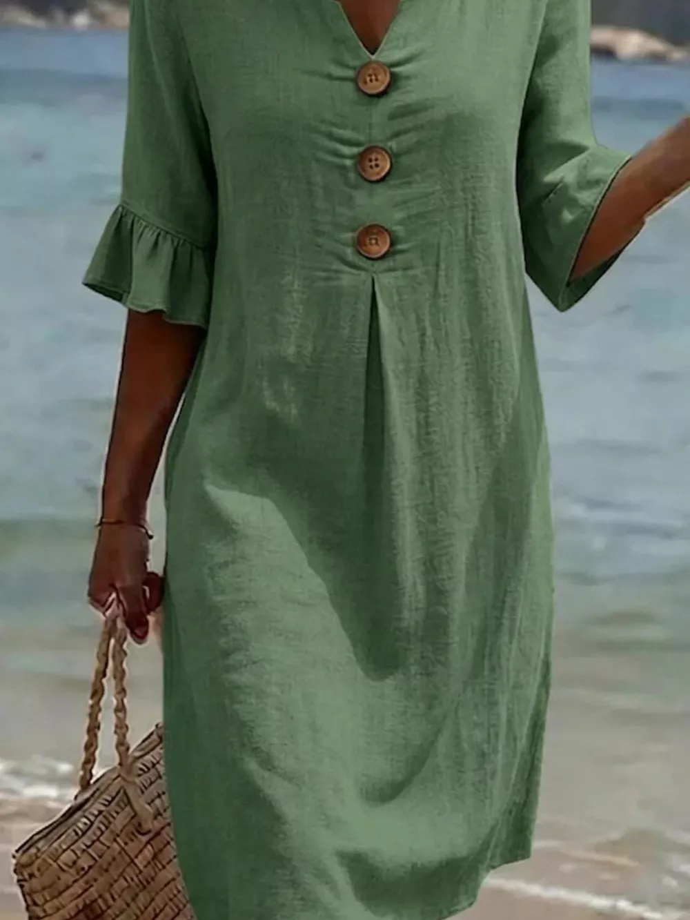 Full Size Decorative Button Ruffle Half Sleeve Dress Plus Size, image 12