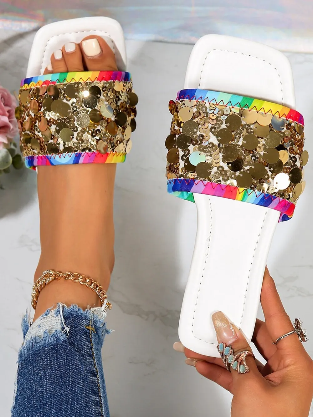 Rainbow Sequin Slide Sandals, image 6