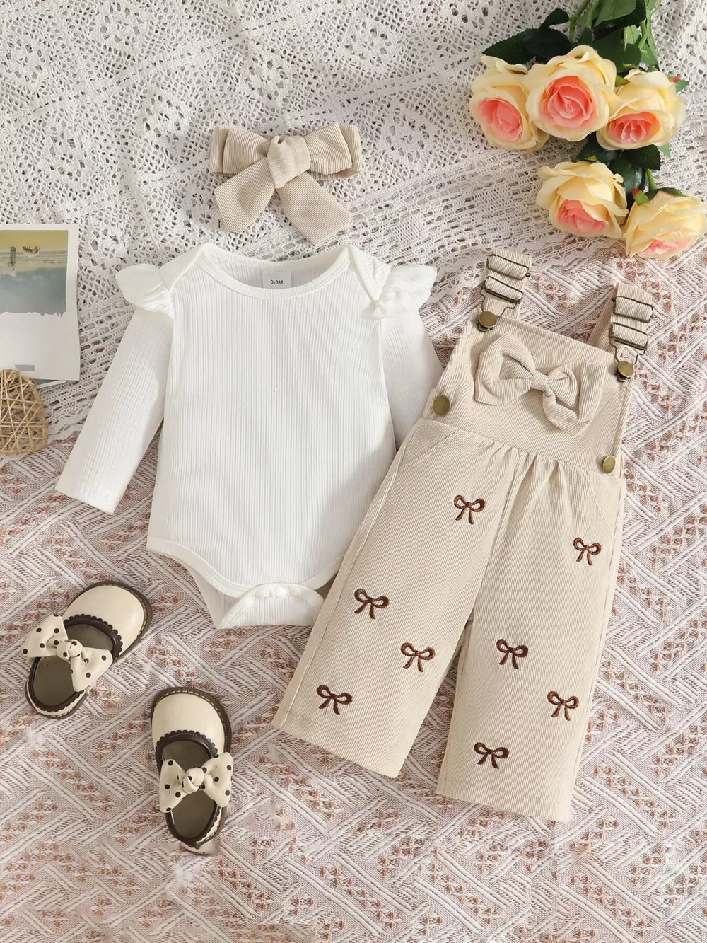 Children's Ribbed Bodysuit and Bow-Embroidered Overall Set with Headband