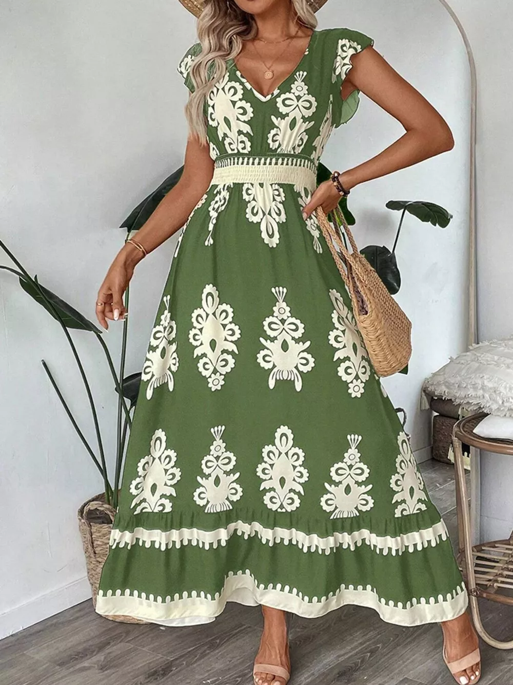 Ruffled Printed V-Neck Maxi Dress, image 10