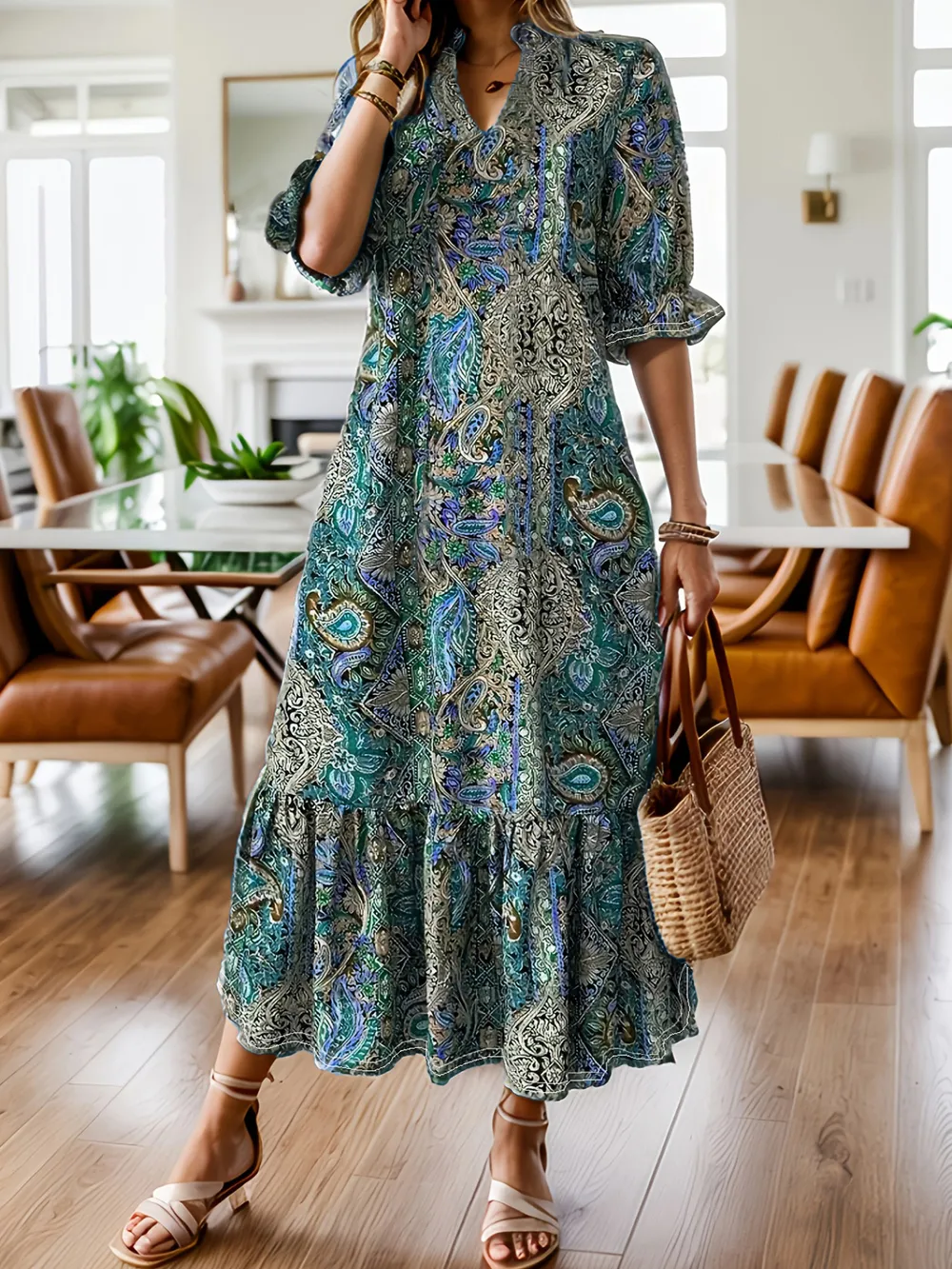 Full Size Bohemian Paisley Print Ruffle Hem Midi Dress Plus Size, image 7