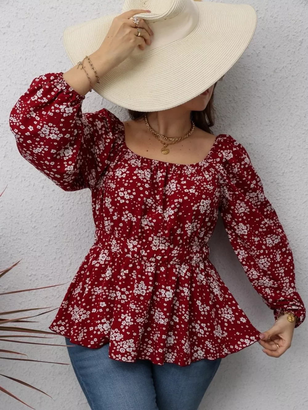 Floral Print Square Neck Long Sleeve Peplum Blouse