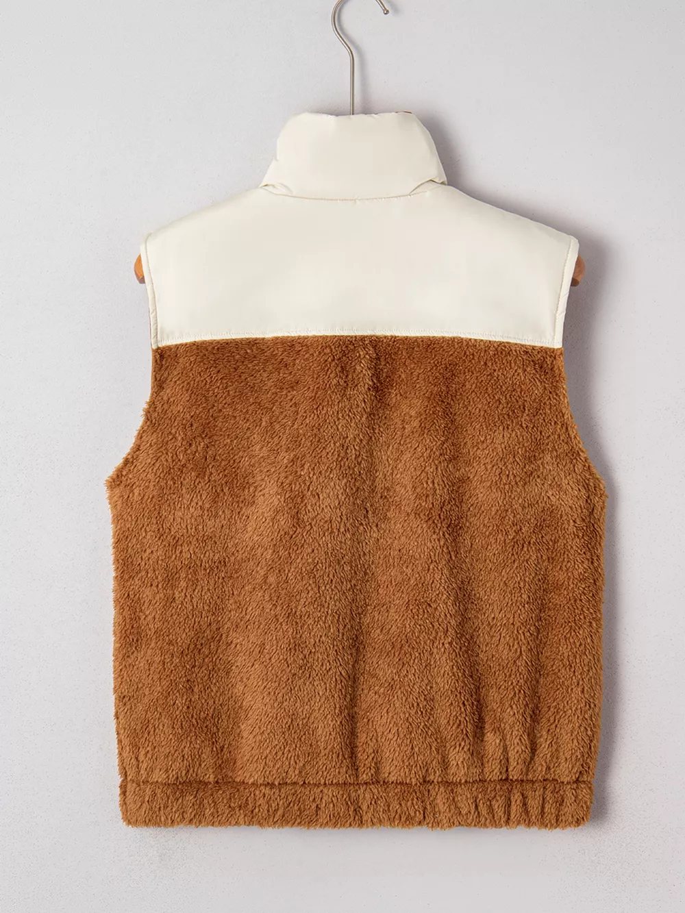 Color Block Plush Patchwork Zipper Stand Neck Vest Coat, image 8