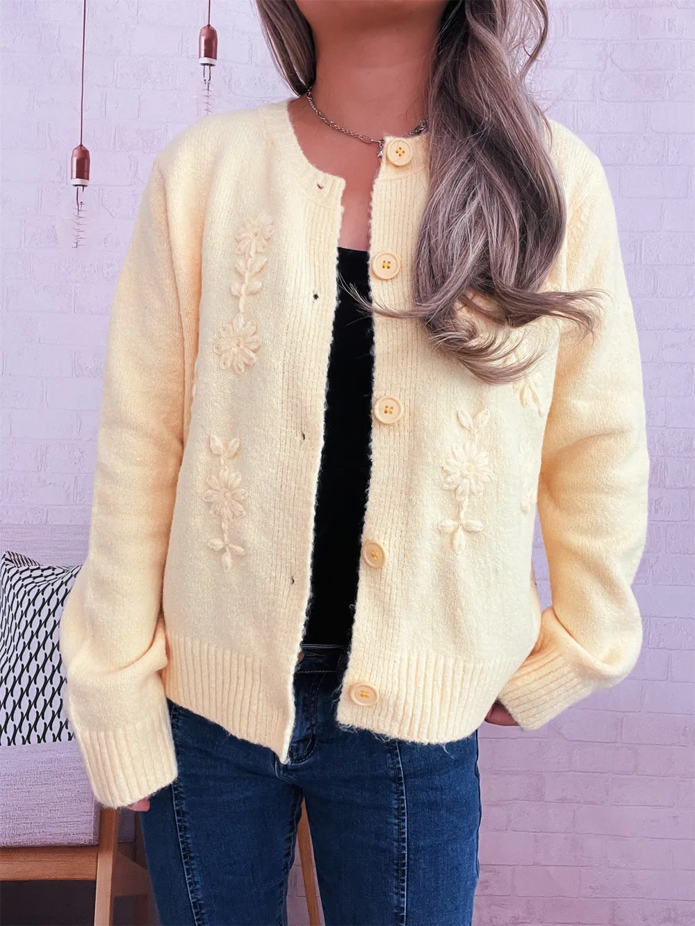 Flower Button Up Ribbed Hem Cardigan, image 21