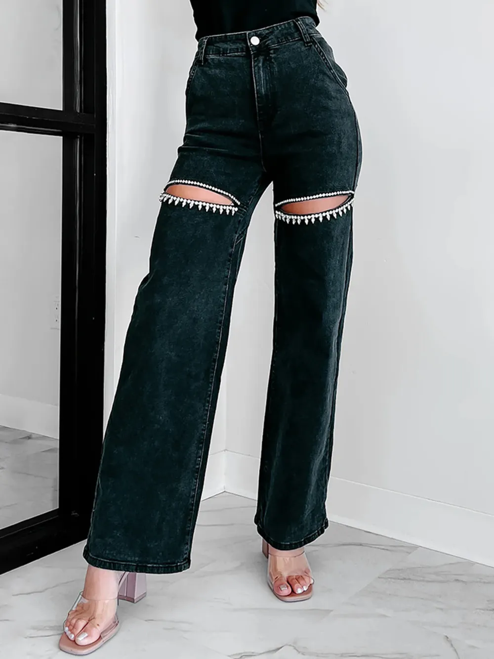 Ripped Wide Leg Wash Denim Jeans, image 4