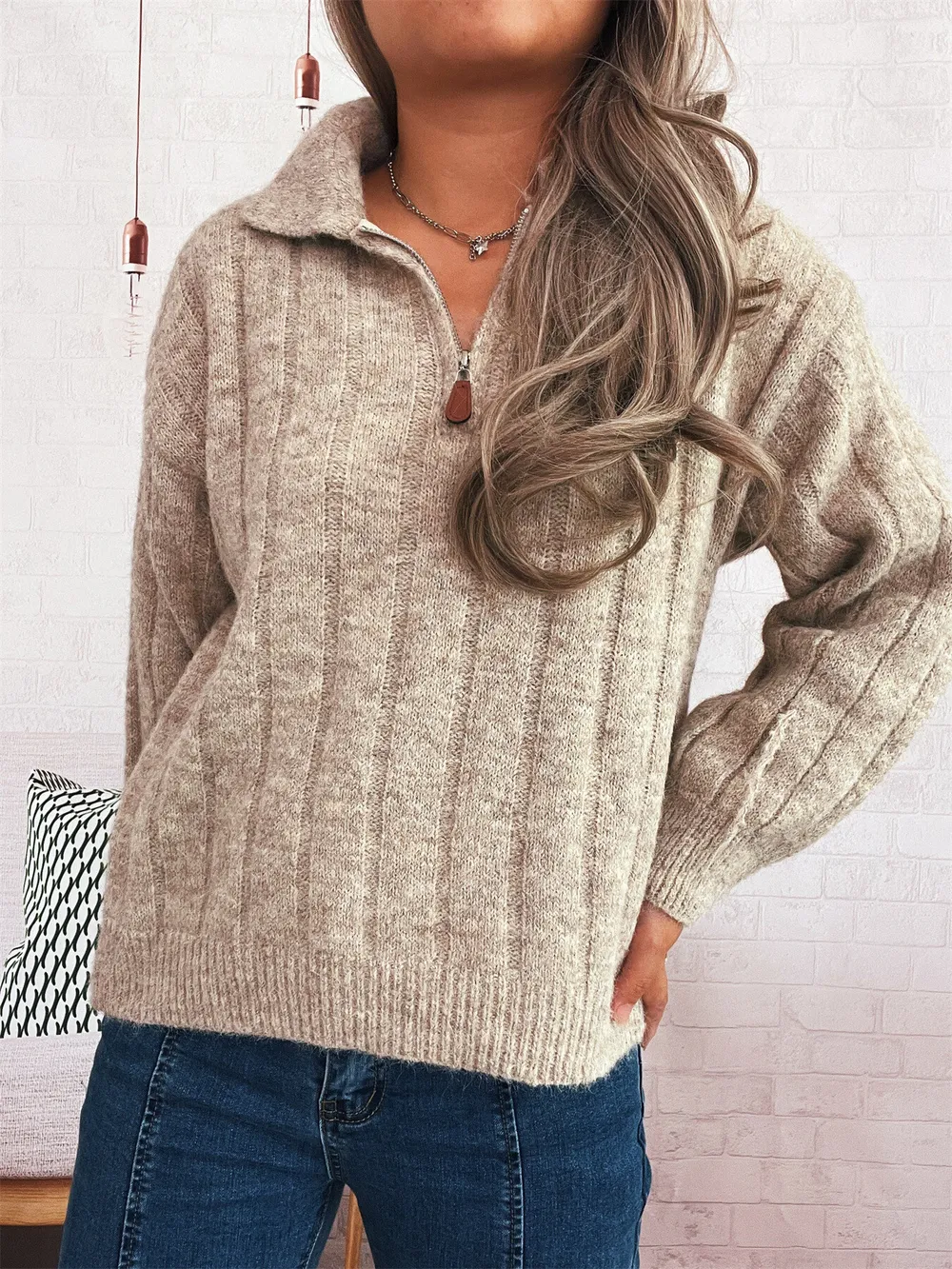 Ribbed Hem Quarter Zip Sweater, image 2