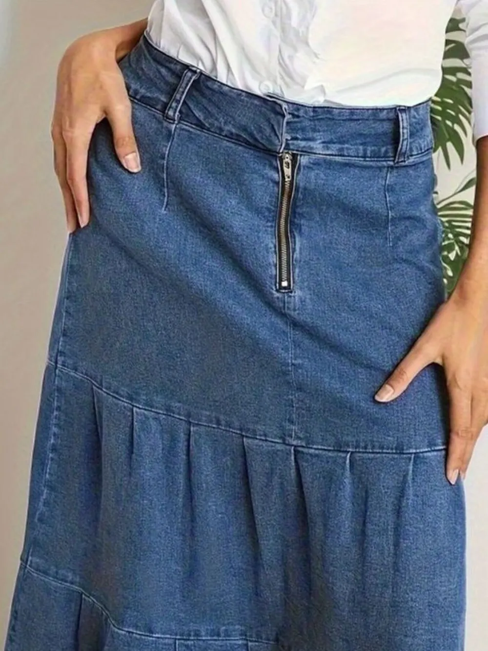 Tiered Maxi Denim Skirt with Zipper Detail, image 3