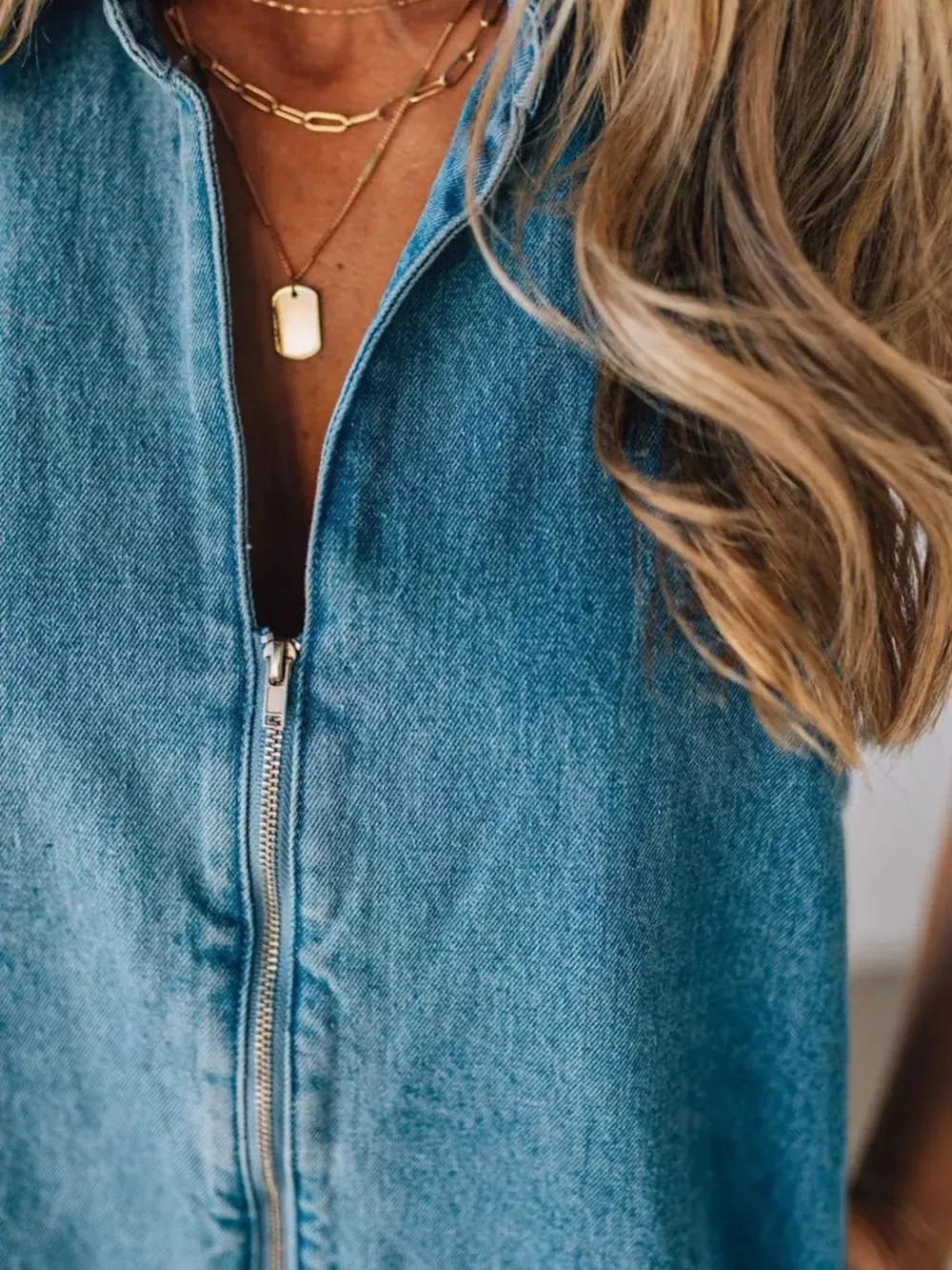 Sleeveless Zip-Up Denim Romper, image 7