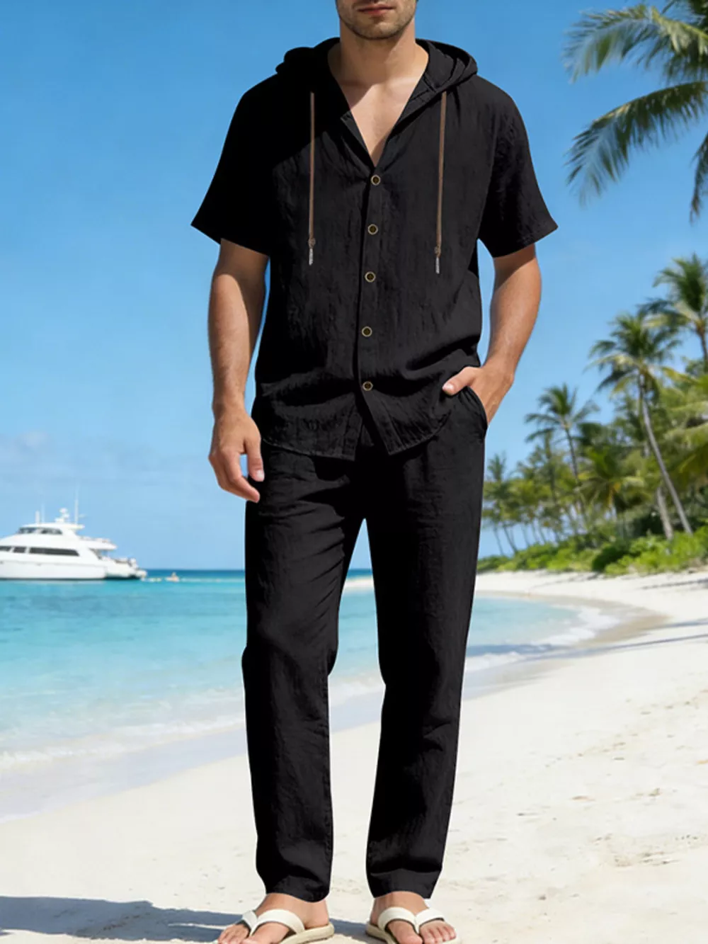 Men's Full Size Button Up Hooded Top and Pants Set Plus Size, image 7
