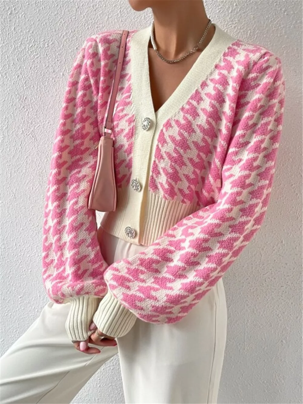 Houndstooth V-Neck Button Up Cardigan, image 14