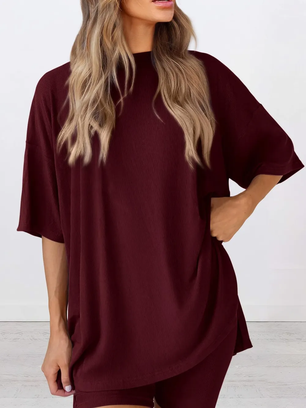 Full Size Oversized Slit Round Neck Top and Shorts Lounge Set Plus Size, image 17