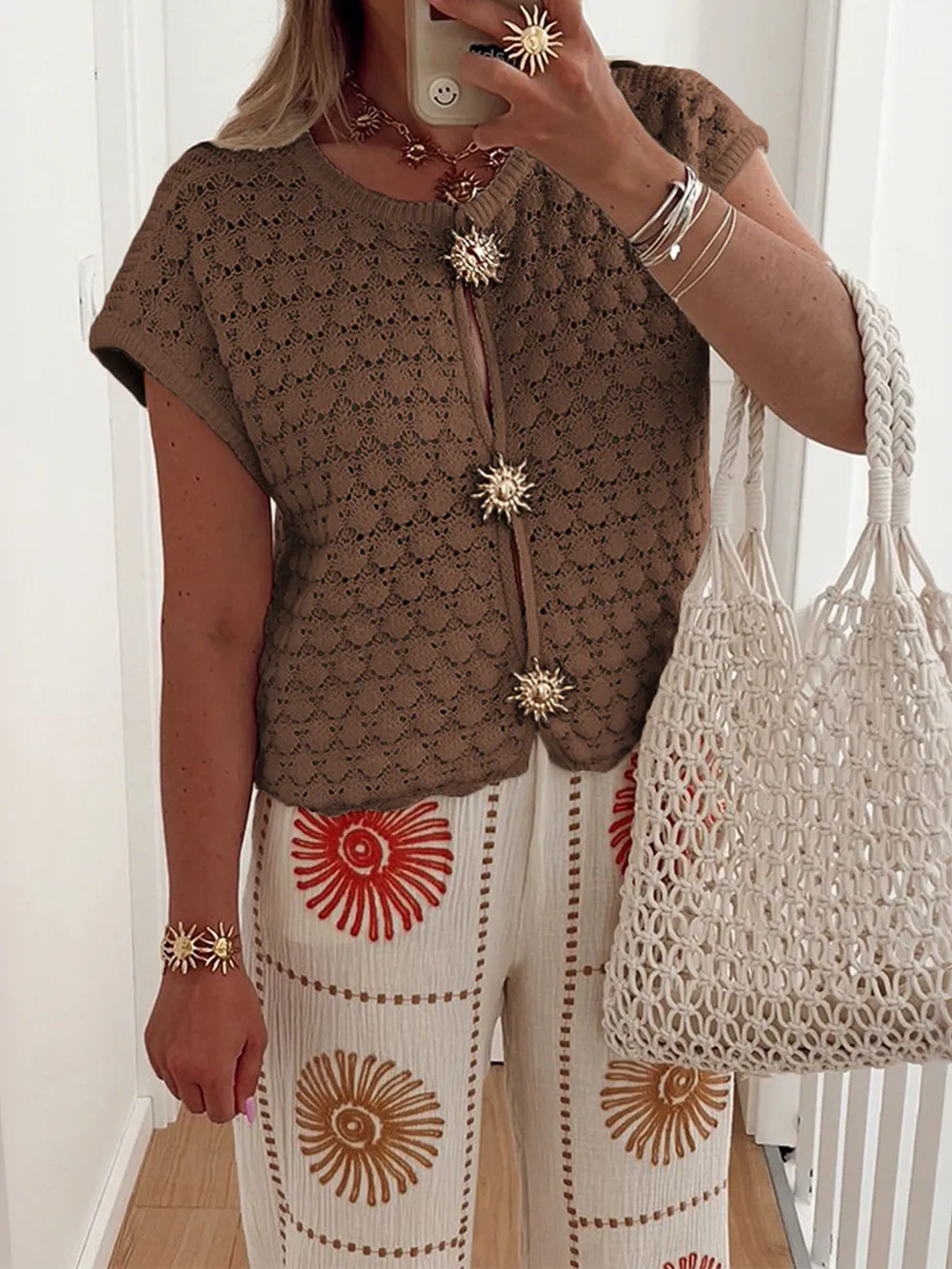 Crochet Short Sleeve Button Front Cardigan, image 8