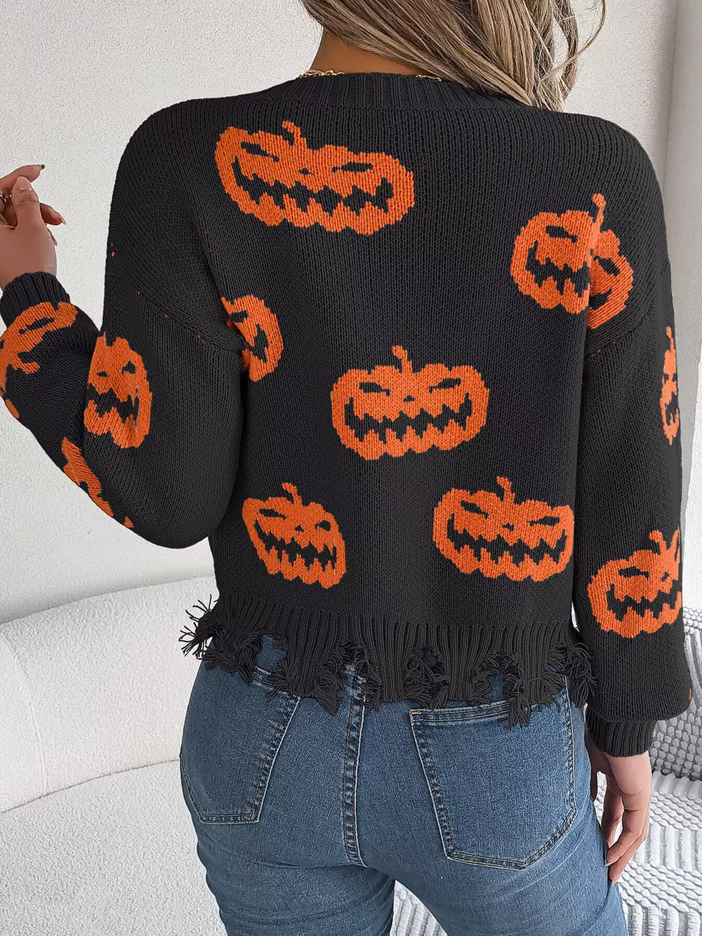 Halloween Pumpkin Pattern Raw Hem V-Neck Sweater, image 6