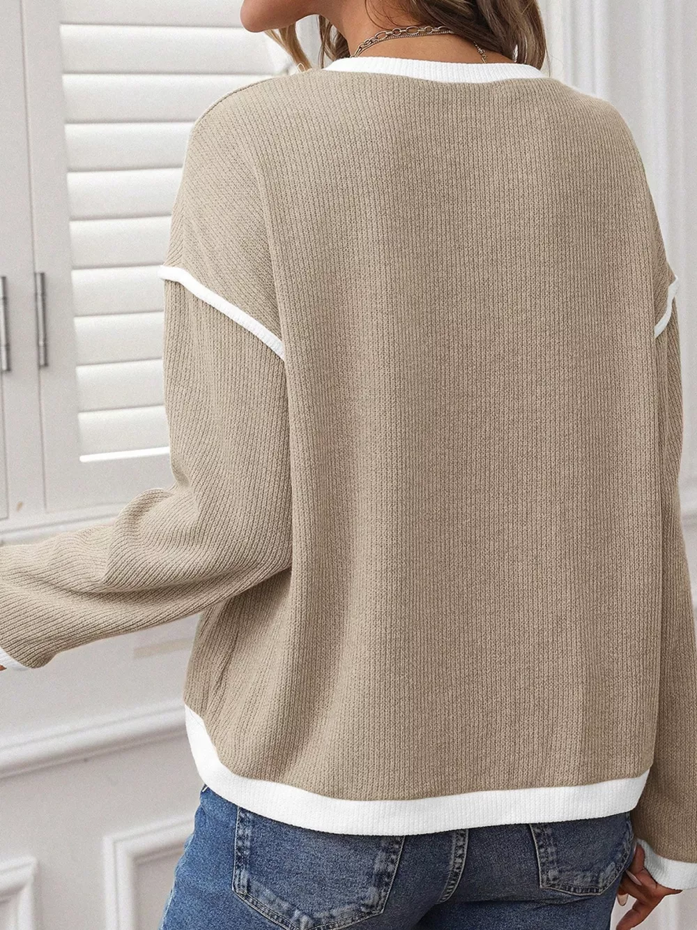 Contrast Color Trim Knit Drop Shoulder Loose Top, image 6